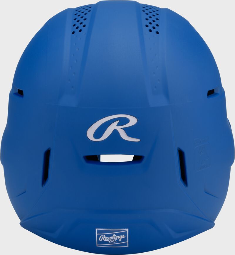 Back of a royal Rawlings RX2 fastpitch batting helmet