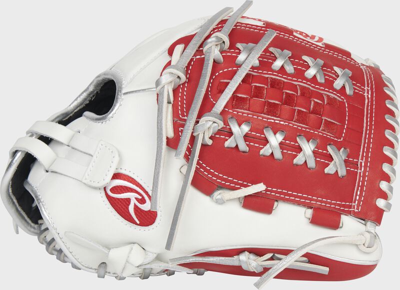 Thumb of a white/scarlet 2022 Liberty Advanced Color Series 12.5-Inch fastpitch glove with a scarlet x-laced basket web - SKU: RLA125-18WSP loading=