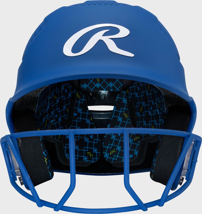 Front of a royal Rawlings RX2 fastpitch batting helmet
