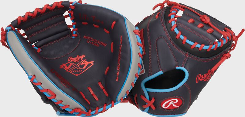 Two images showing the palm & back of a navy Rawlings NXT Series 32.5-Inch Catcher's Mitt