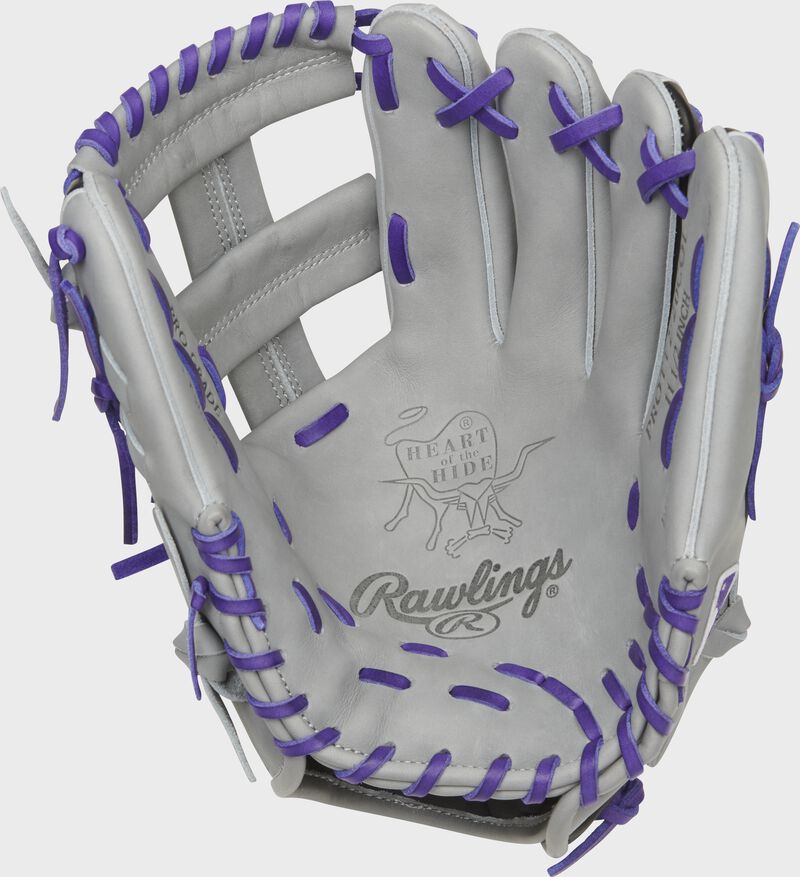 Gray palm of a Rawlings Colorado Rockies HOH glove with purple laces - SKU: RSGPROTT2-20COL