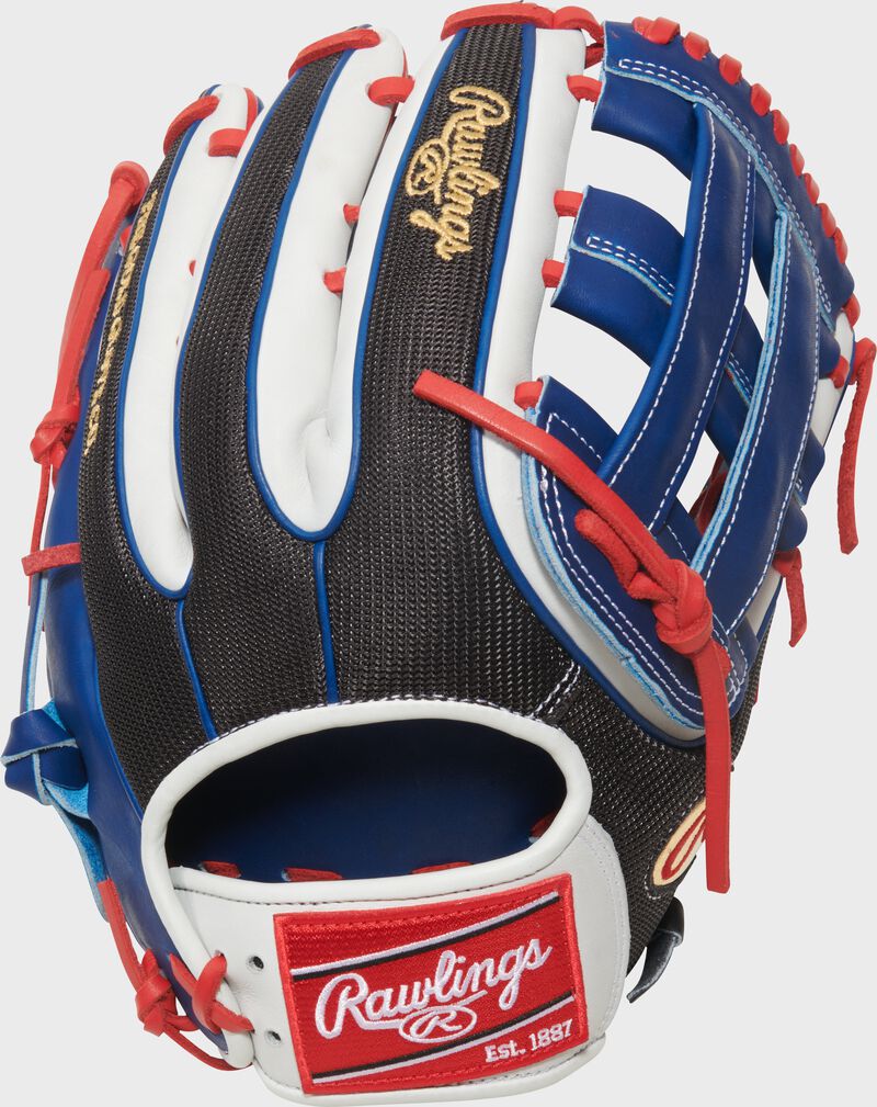 Black mesh back of a Gameday 57 Series Adolis García Heart of the Hide Glove with a red Rawlings patch