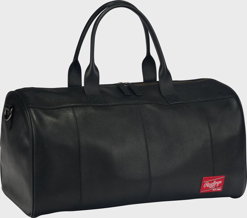 Front angle view of a black Rawlings Strike Out duffle bag