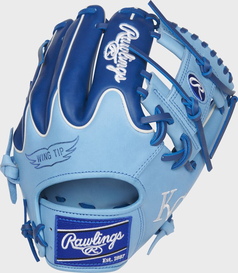 Columbia blue/royal Wing Tip back of a Kansas City Royals Heart of the Hide I-web glove with a royal Rawlings patch - SKU: RSGPRO204W-2KC loading=