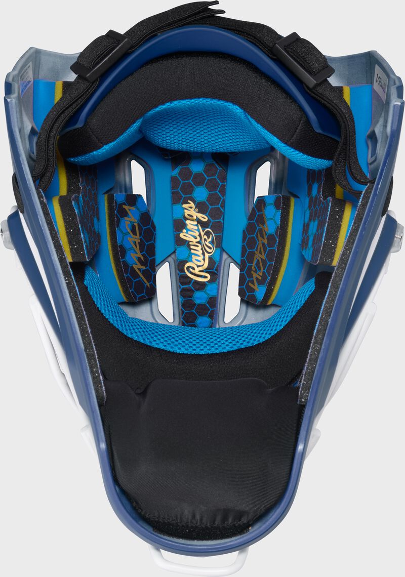 Inside padding of a navy Rawlings Mach Pro Series catcher's helmet