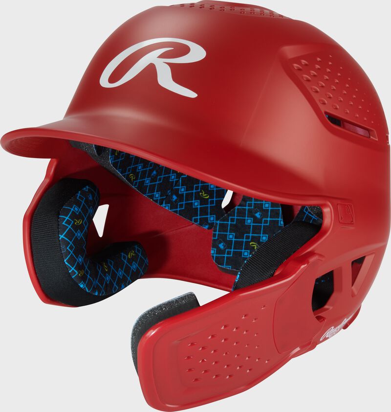 Front left of a scarlet Rawlings RX2 Reverse batting helmet loading=