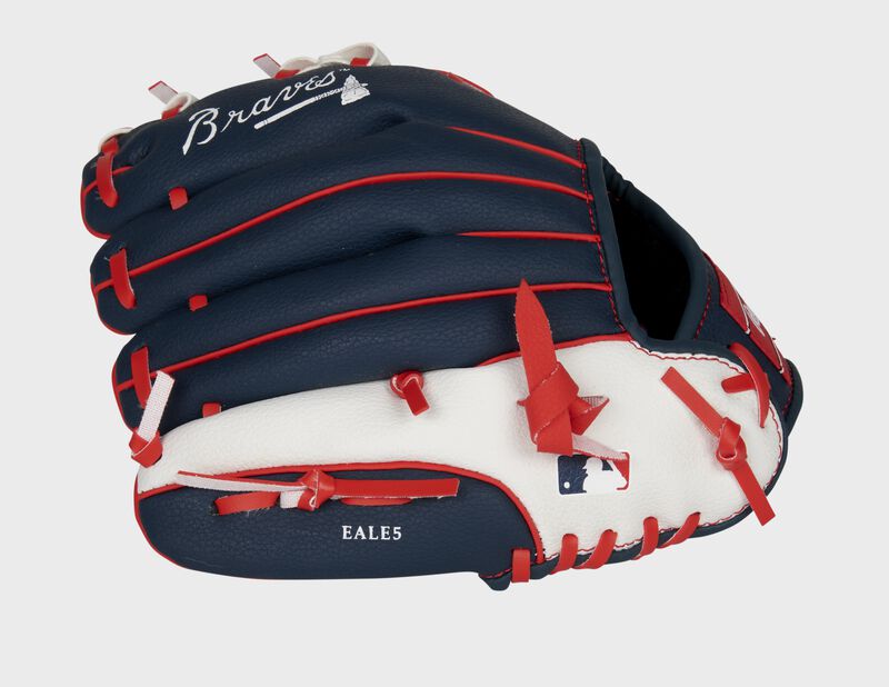 Back of a navy/white Rawlings Atlanta Braves youth glove with the MLB logo on the pinky - SKU: 22000005111 loading=