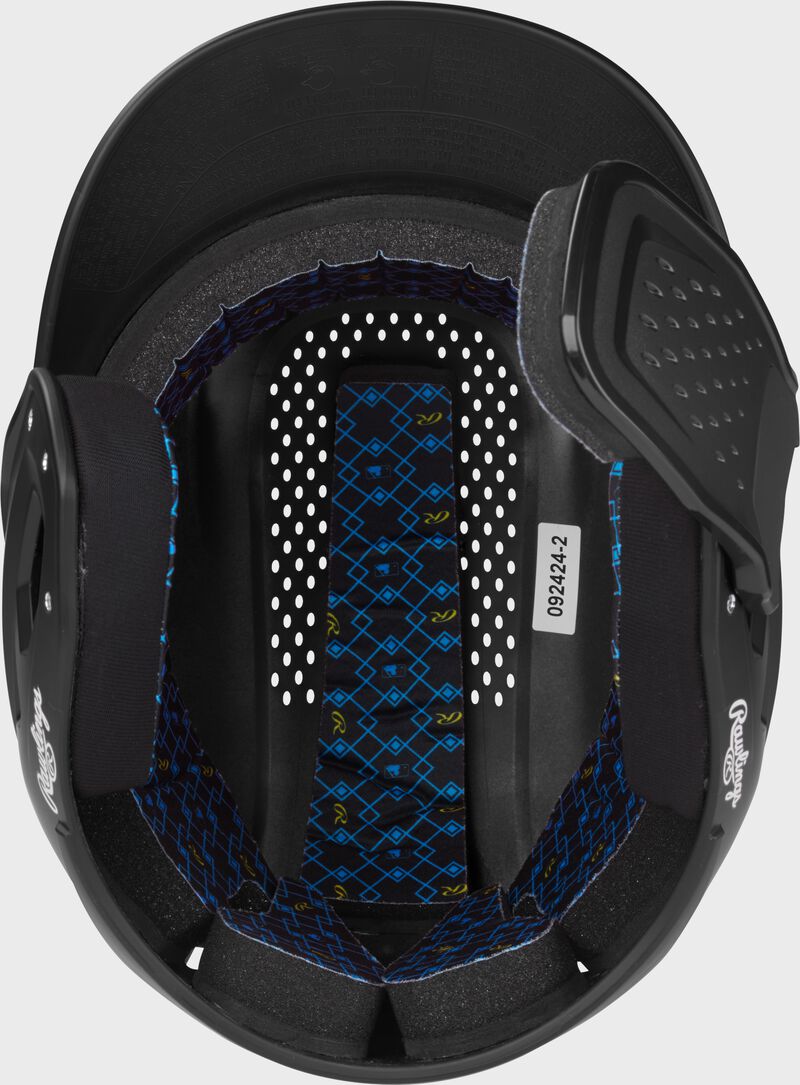 Inside padding of a black Rawlings RX2 Reverse batting helmet