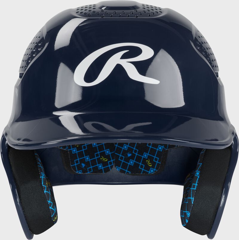 Front of a navy Rawlings RX2 gloss baseball batting helmet