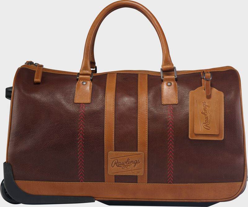 Main side view of a brown Rawlings Heritage Wheeled Duffle Trolley Bag loading=