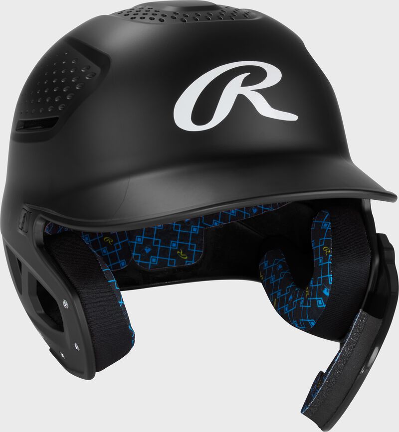Front right of a black Rawlings RX2 Reverse batting helmet