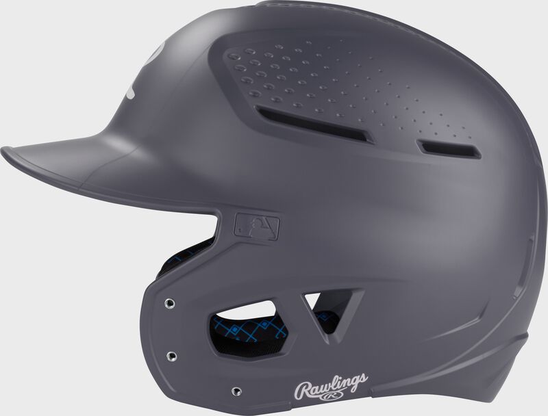 Left side of a graphite Rawlings RX2 batting helmet