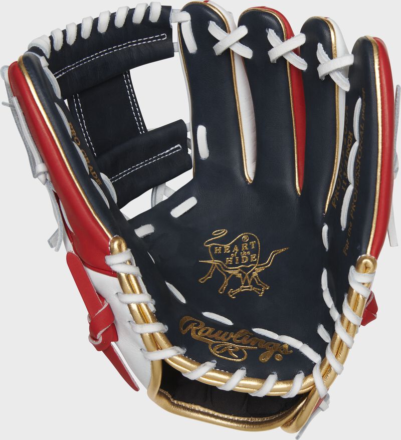 Navy palm of a Rawlings Heart of the Hide USA glove with gold stamping and white laces - SKU: RSGPRONP5-2USA
