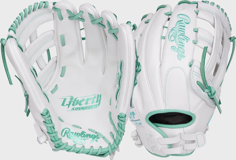 Two images of a white/mint Rawlings Liberty Advanced 13-Inch fastpitch outfield glove