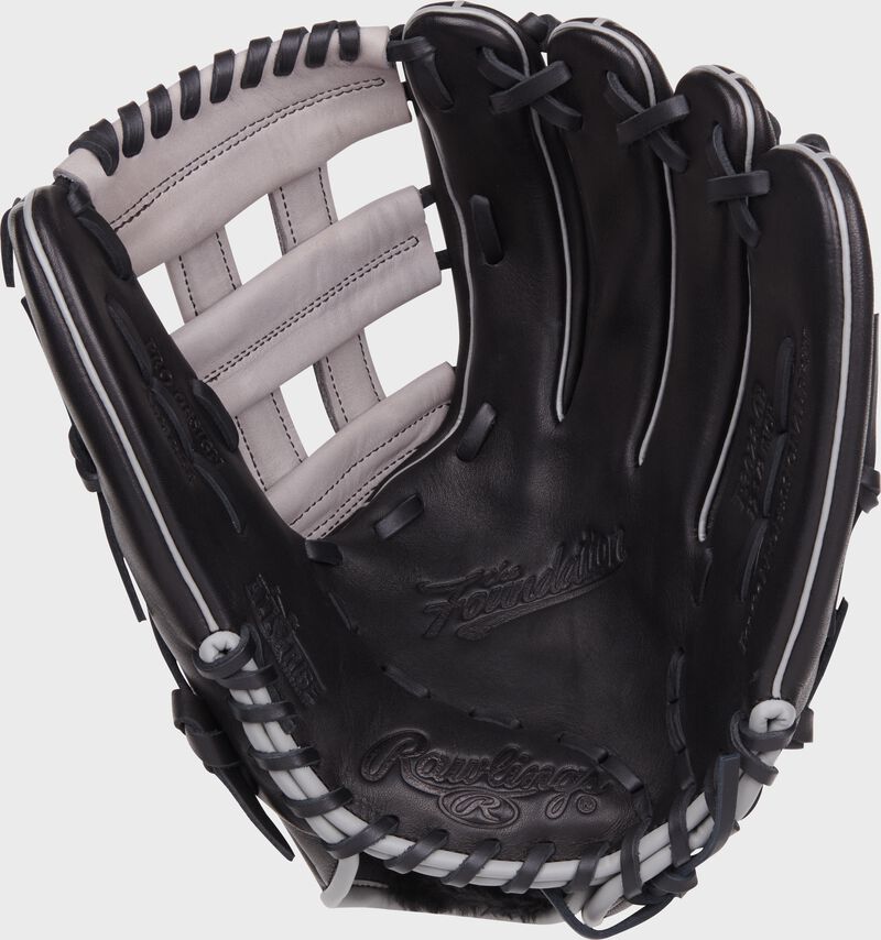 Black palm of a Rawlings Foundation Series Aaron Judge youth glove with black laces - SKU: RSGRF3028-6B loading=