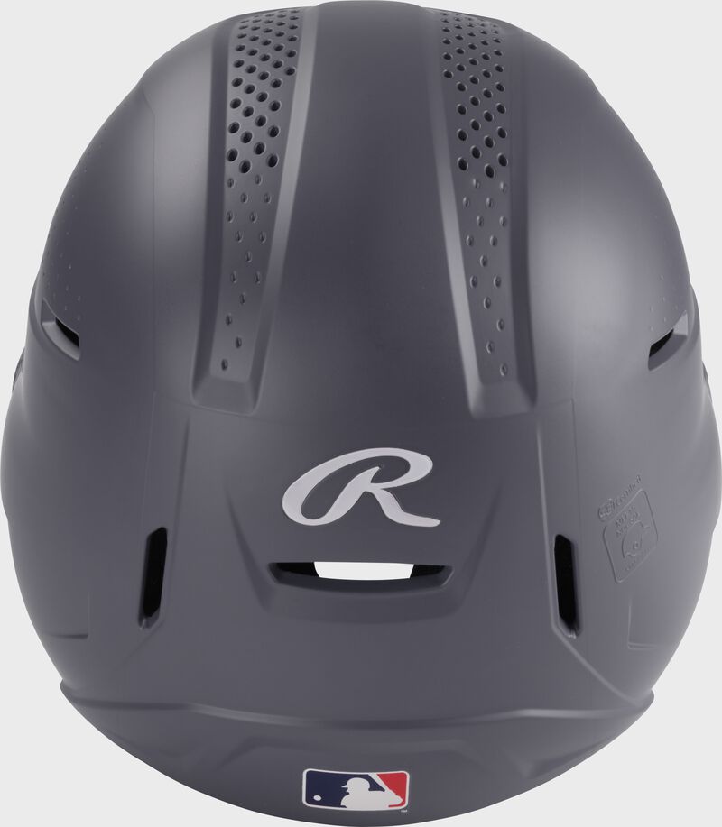 Back of a graphite Rawlings RX2 batting helmet