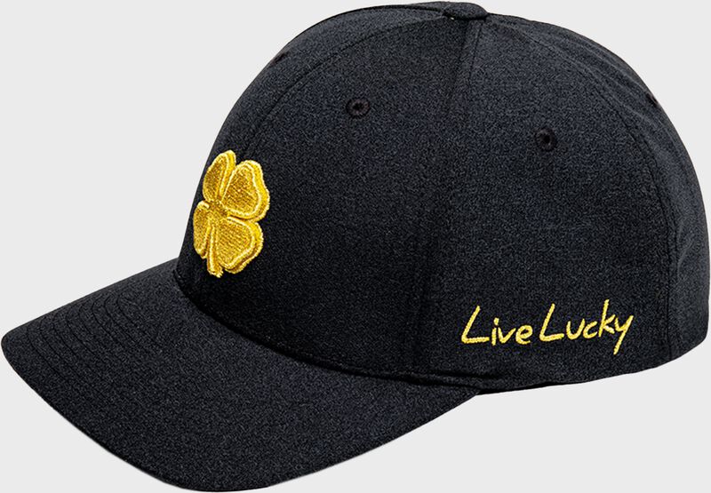 Left-side view of Rawlings Black Clover Gold Glove Fitted Hat - SKU: BCR1GG0571 loading=