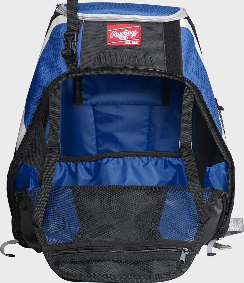 An open R500 Rawlings Players equipment backpack with royal interior