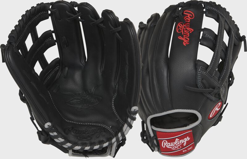 Two images showing the palm & back of a black Select Pro Lite 12" Aaron Judge youth outfield glove loading=