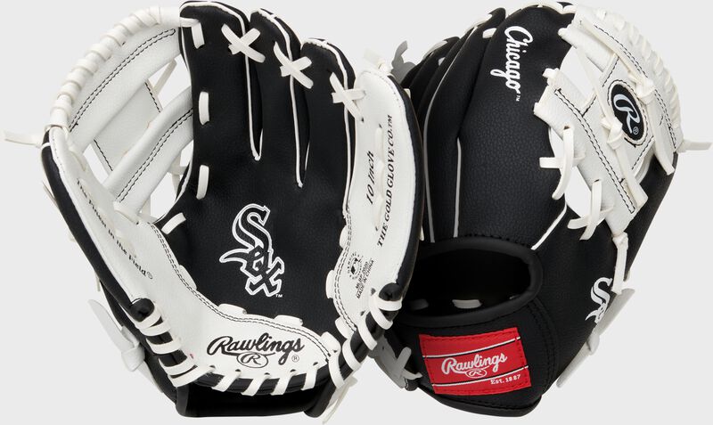 Two images showing the palm & back of a black Chicago White Sox team logo youth glove