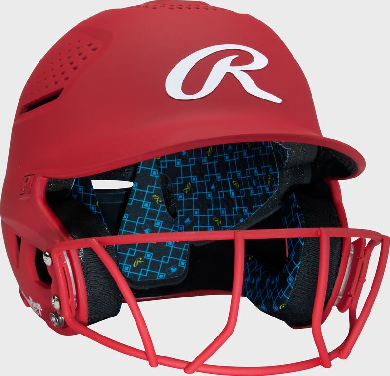 Front right of a scarlet Rawlings RX2 fastpitch batting helmet