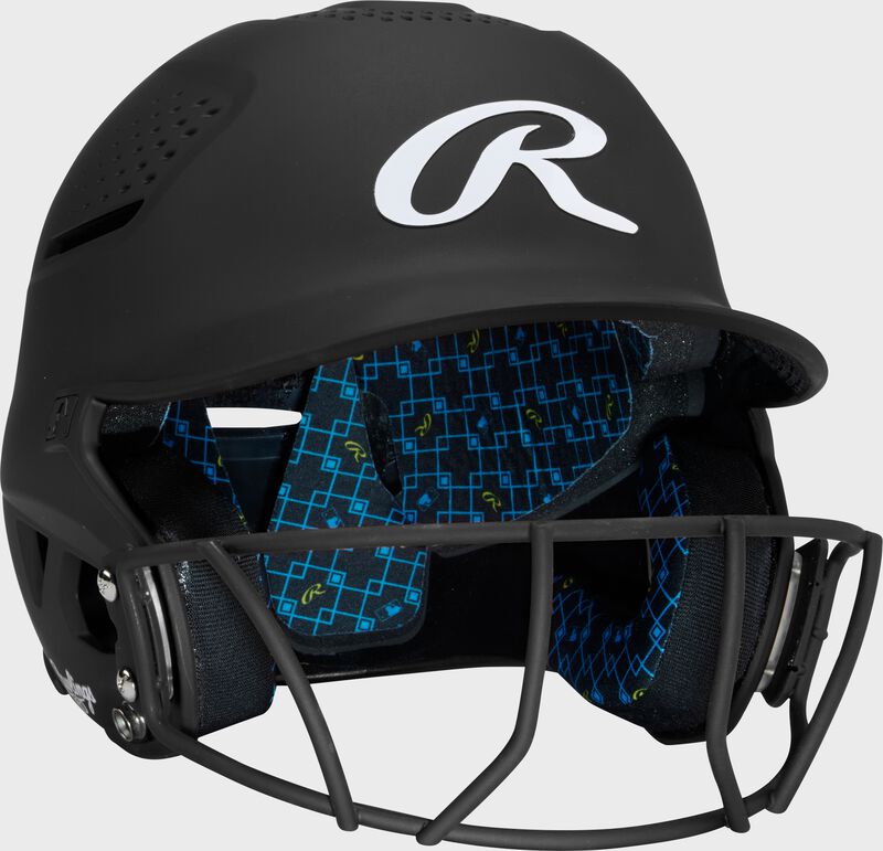 Front right of a black Rawlings RX2 fastpitch batting helmet