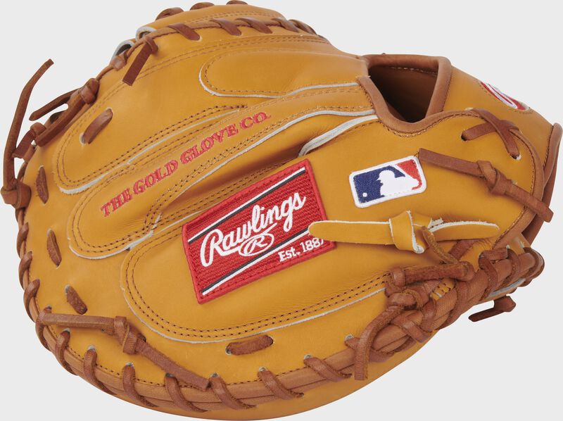 Back of a tan Rawlings 33-Inch HOH catcher's mitt with the MLB logo on the pinky - SKU: PROCM33T