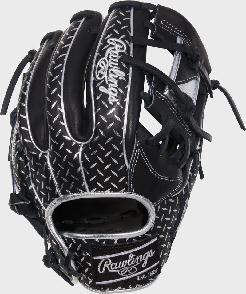 Black back of a Rawlings x Bettinardi Heart of the Hide 11.5-Inch Infield Glove with a black Rawlings patch