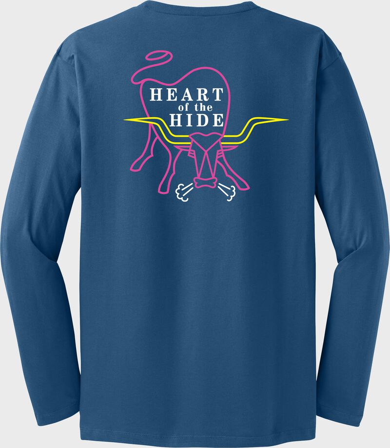 Back of a royal Rawlings Heart of the Hide Long Sleeve Shirt with a large multi-color HOH logo