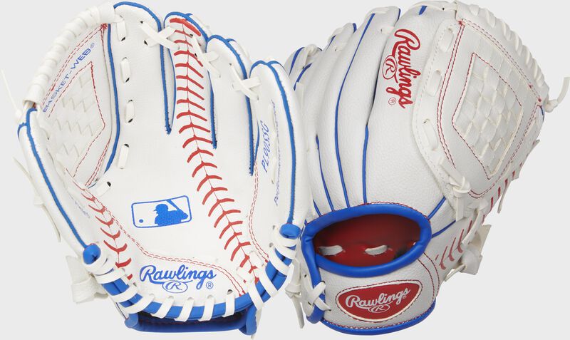 Two images showing the palm & back of a white Players Series 9" youth glove loading=