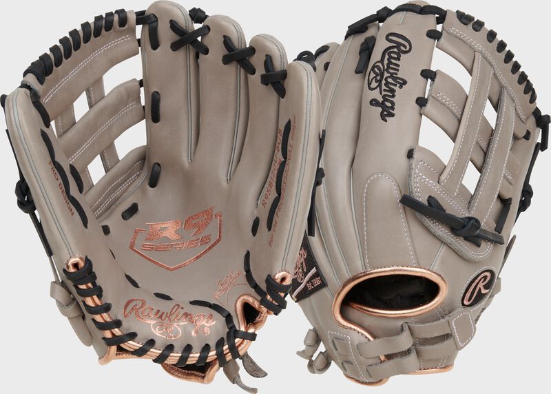 Two images showing the palm & back of a gray Rawlings R9 Series 12" ContoUR fit fastptich glove