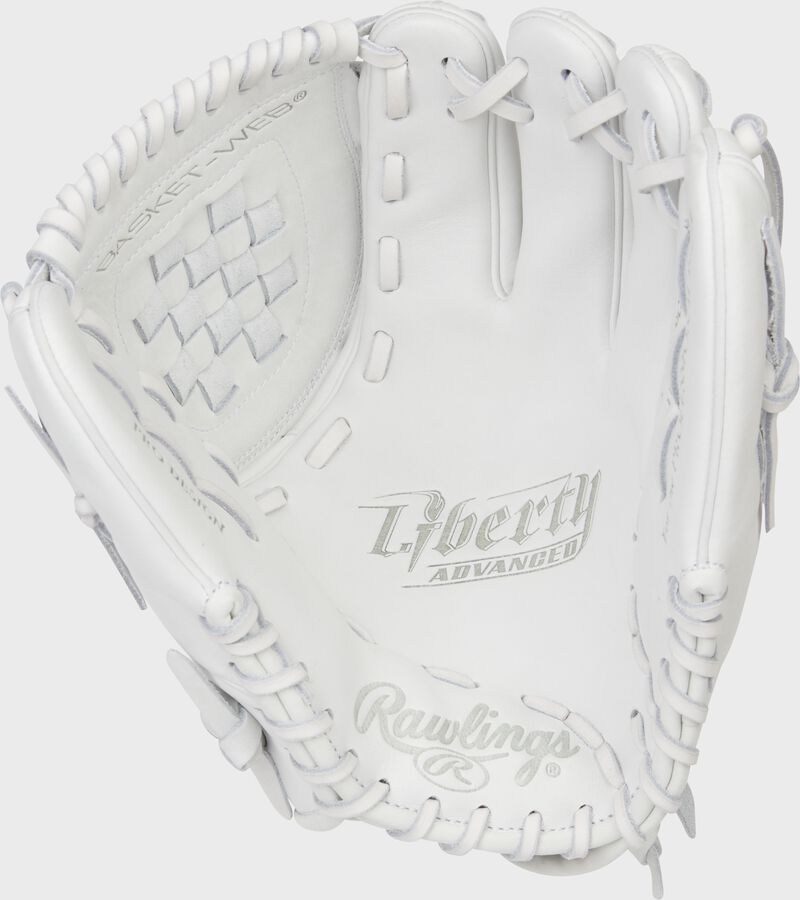 White palm of a Rawlings Liberty Advanced softball glove with white laces - SKU: RLA115-3W loading=