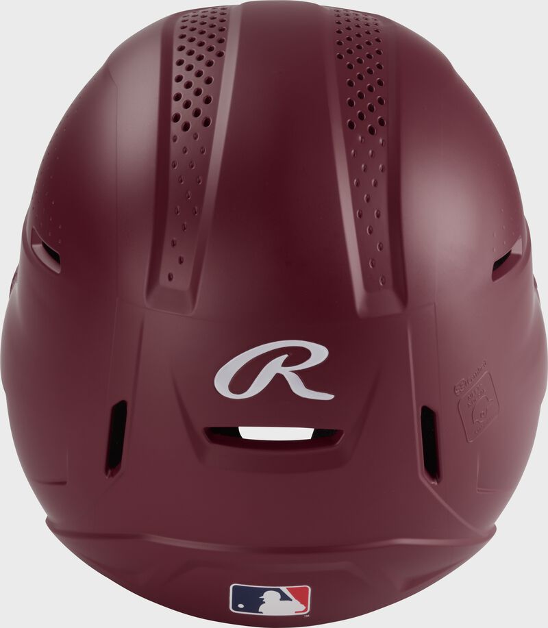 Back of a maroon Rawlings RX2 batting helmet