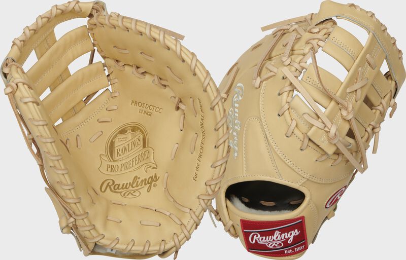 Two images showing the palm & back of a camel Pro Preferred 13" first base mitt