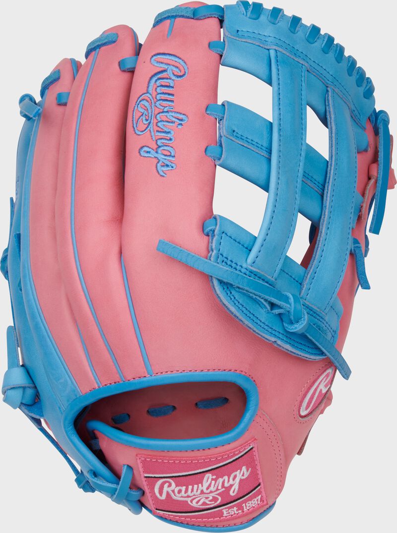 Pink back of a Heart of the Hide 12.5" H-web outfield glove with a pink Rawlings patch