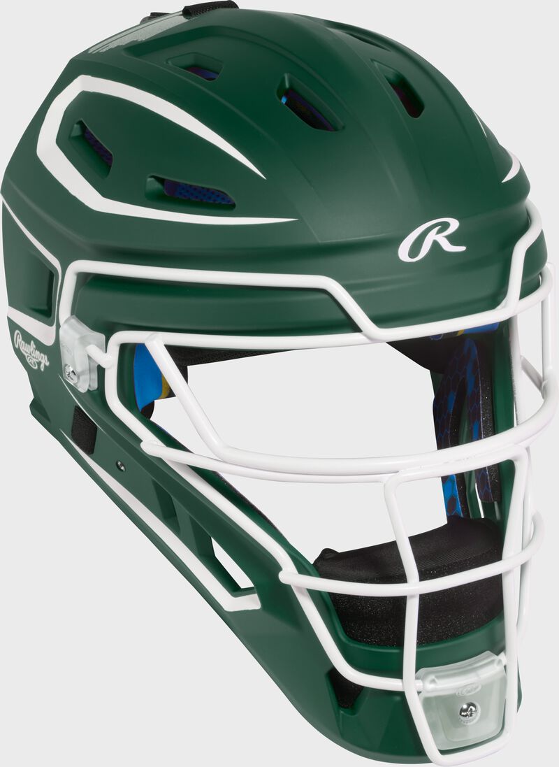 Front right of a dark green Rawlings Mach Pro Series catcher's helmet