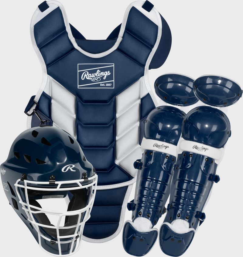A navy Rawlings Players 3 Series catcher's set with a helmet, chest protector, and leg guards