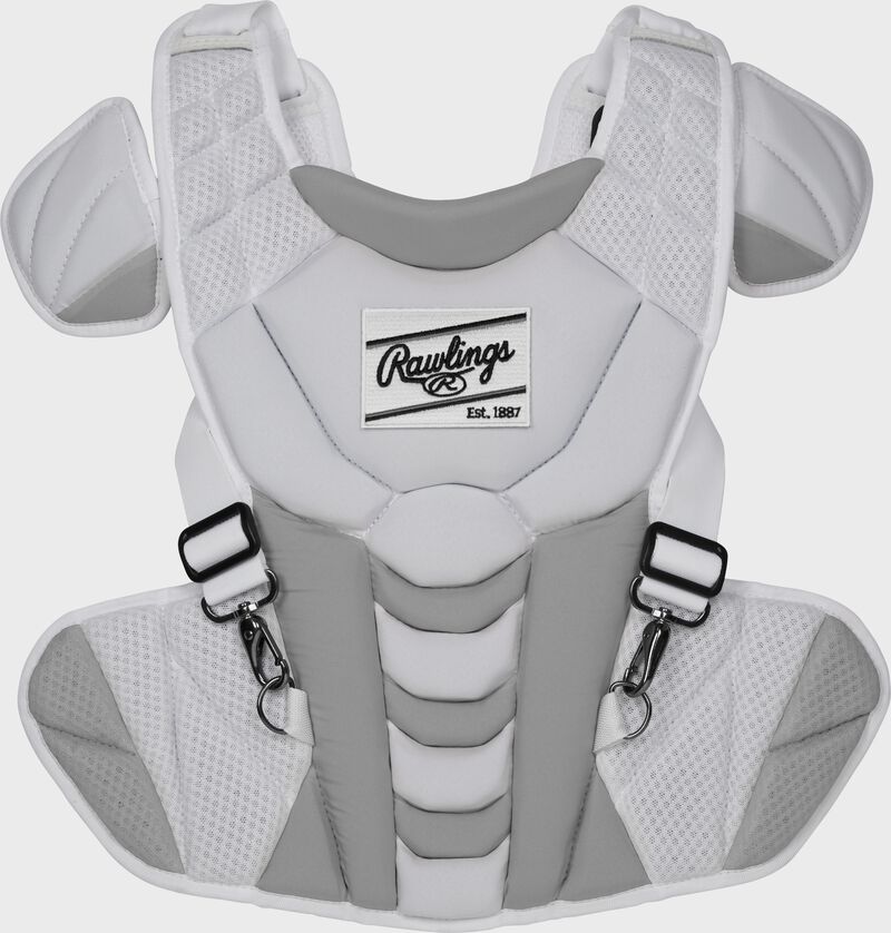 Front of a white/silver Velo softball chest protector