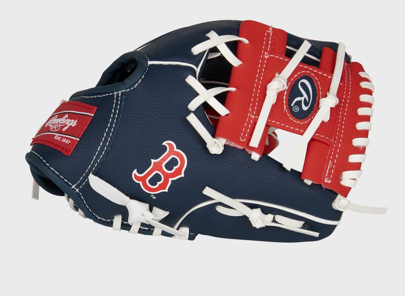 Thumb of a navy/red Boston Red Sox 10-inch team logo glove with a red I-web and Boston logo on the thumb - SKU: 22000024111 loading=