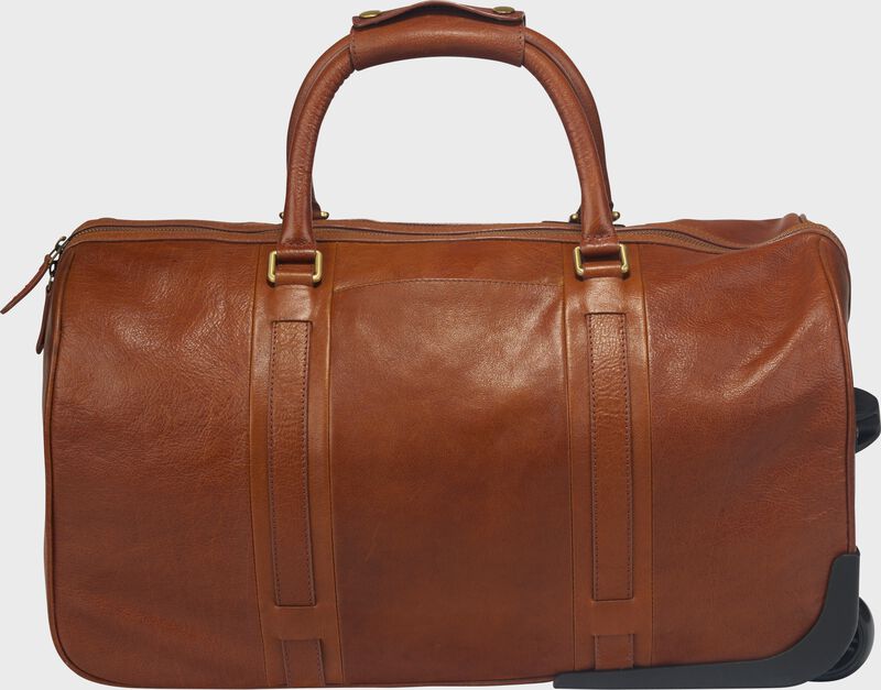 Alternate side view of a tan Rawlings Home Run wheeled duffle bag