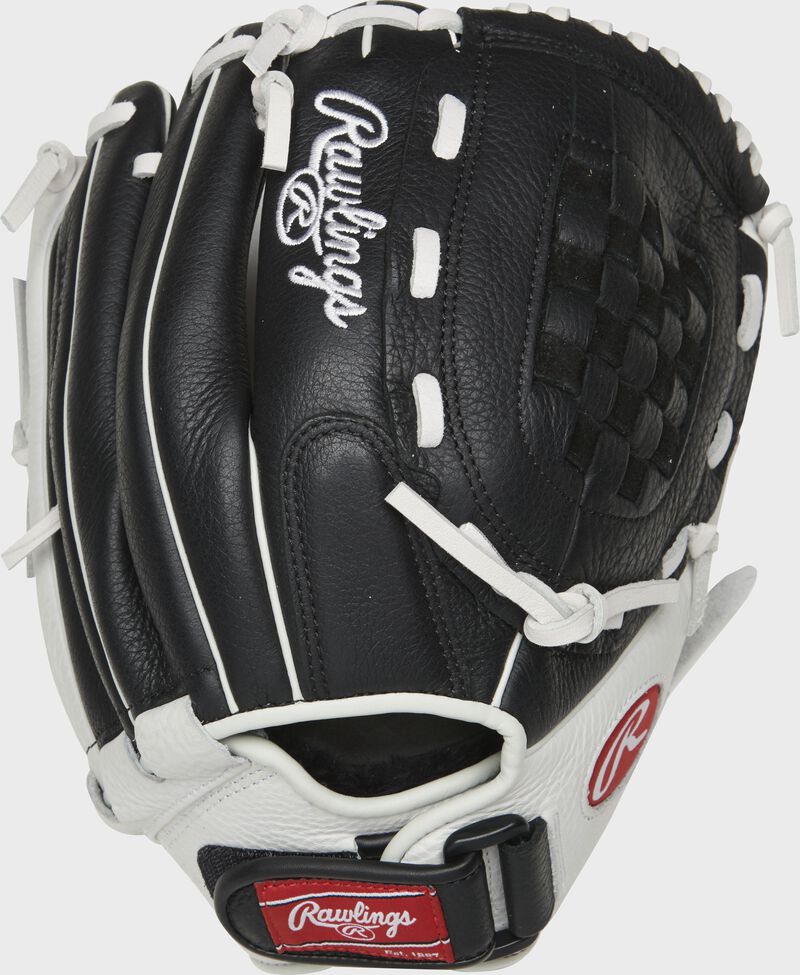 Back of a black RSO120BW 12-inch Shut Out softball glove with a Velcro wrist strap loading=