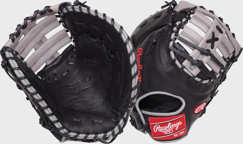 2 images showing the back & palm of a Rawlings Foundation Series Aaron Judge youth first base mitt - SKU: RSGRFDCT8-10B loading=
