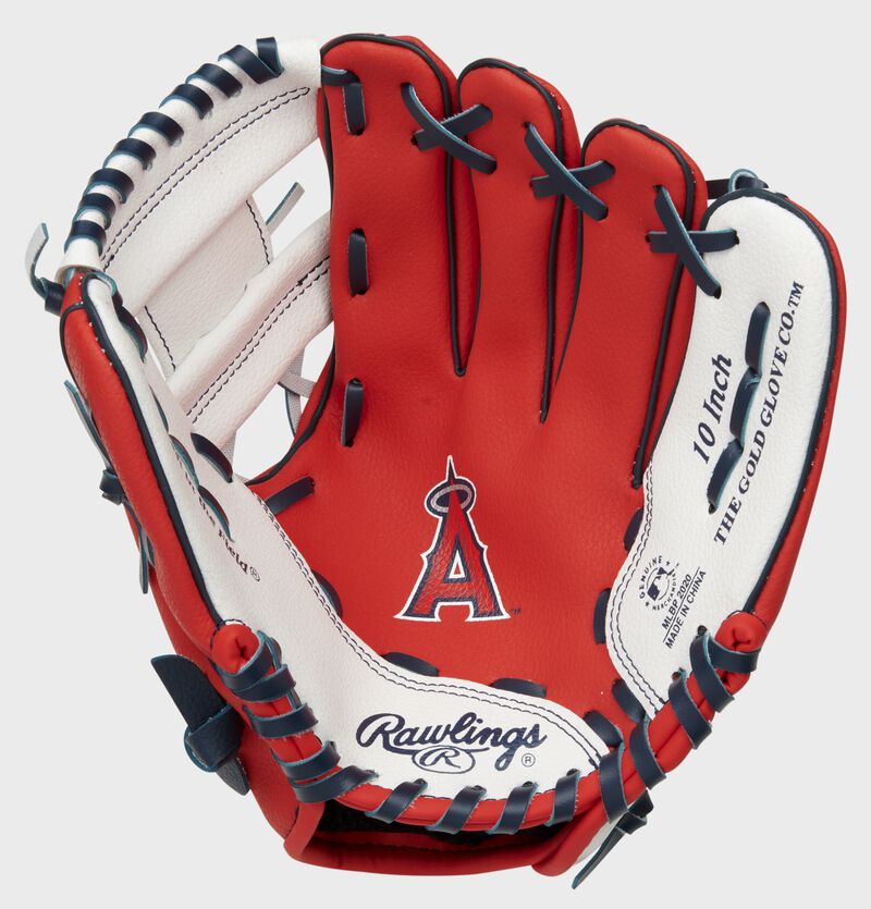 A red Rawlings Los Angeles Angels glove with the Angels logo stamped in the palm - SKU: 22000001111 loading=