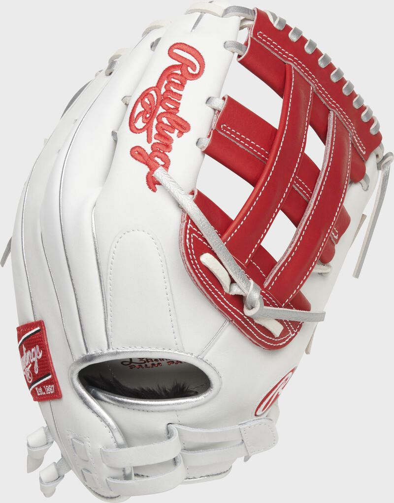 Back of a white/scarlet Liberty Advanced Color Series outfield glove with a pull strap back - SKU: RLA1275SB-6WSP