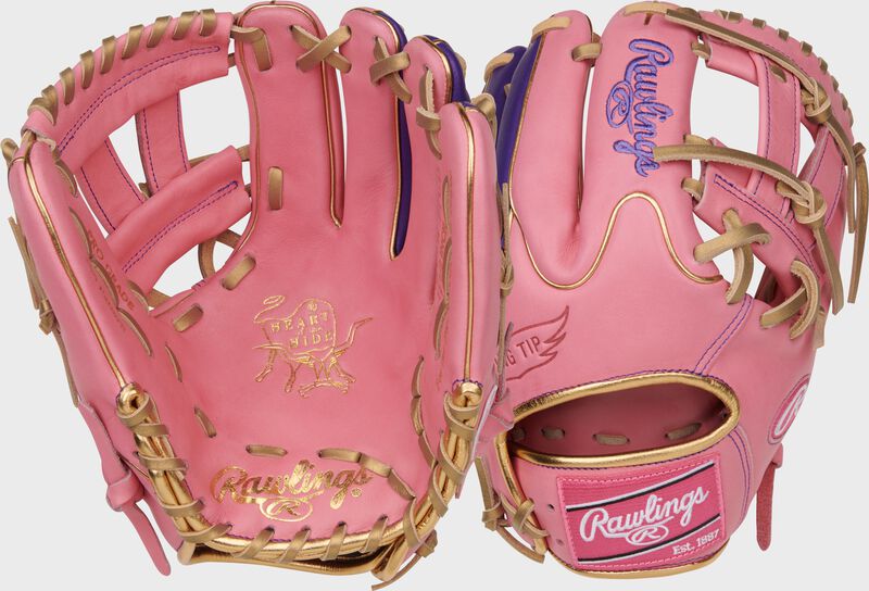 Two images showing the palm & back of a pink Rawlings Heart of the Hide 11.5" Wing Tip infield glove