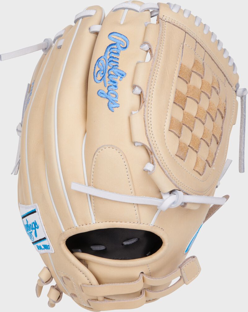 Back of a camel Heart of the Hide 12.25" fastpitch Basket web glove with a Pull Strap back - SKU: PRO125SB-3C loading=