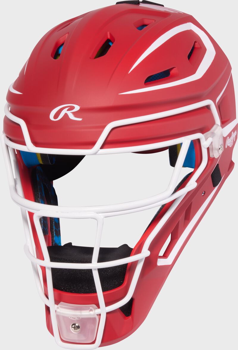 A scarlet Mach Pro Series catcher's helmet
