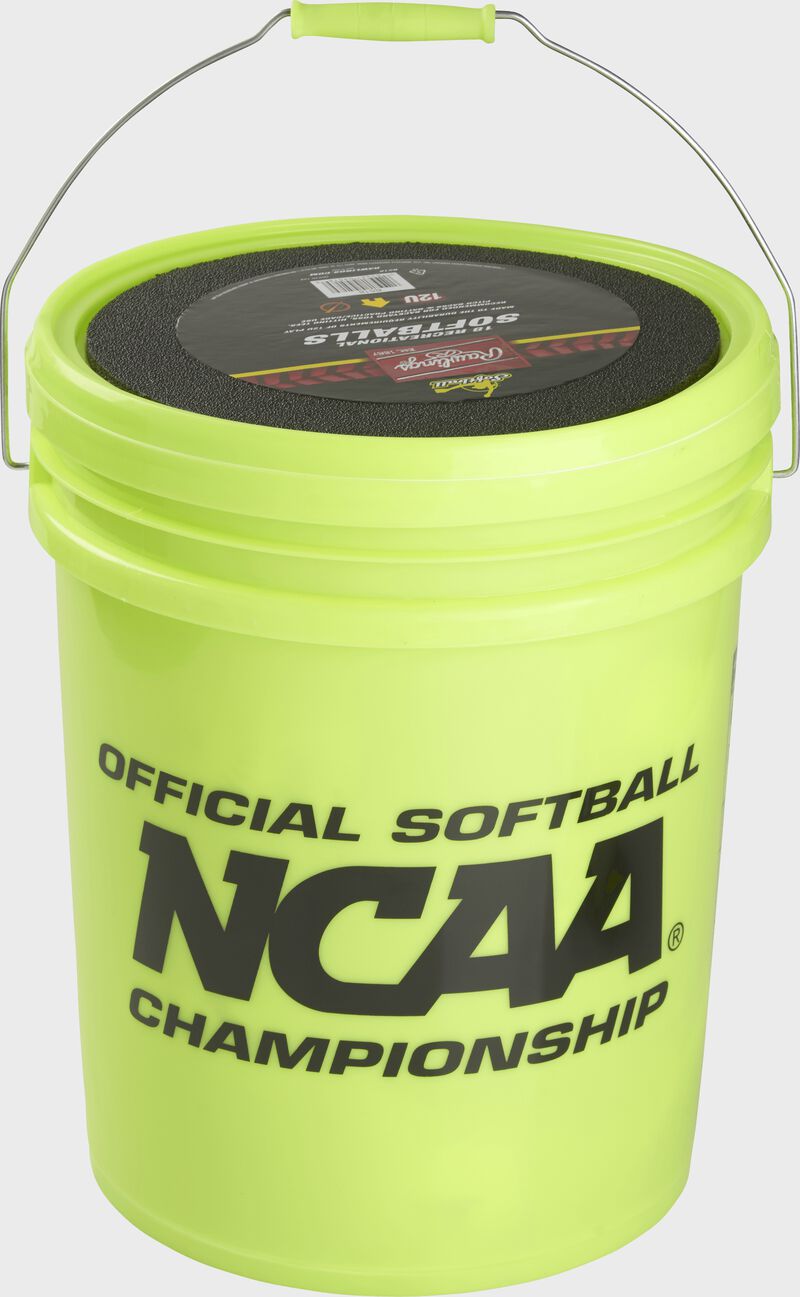 A yellow 6 gallon bucket of youth recreation softballs