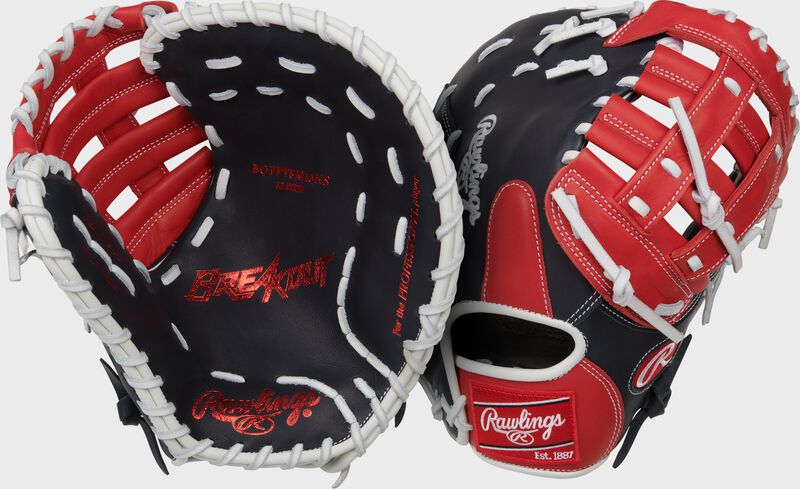 Two images showing the palm & back of a navy/scarlet Breakout 12" youth first base mitt