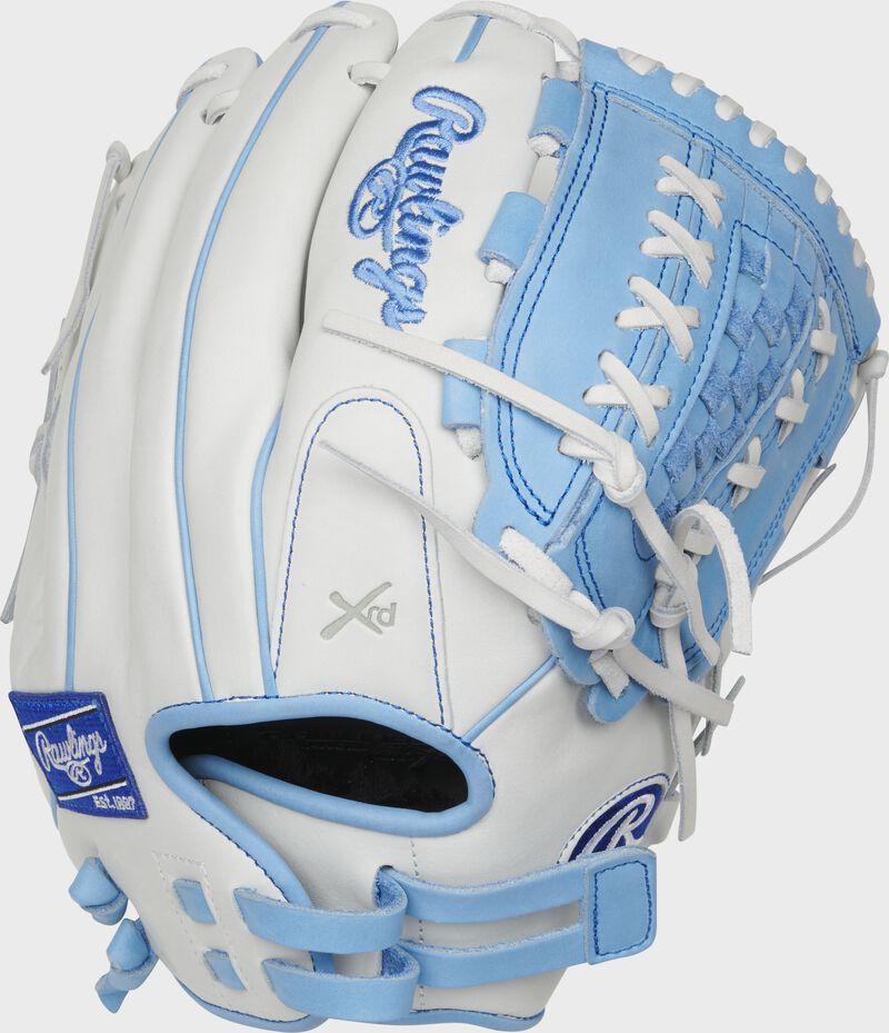 Back Shell of a Columbia Blue/White Liberty Advanced Color Series 12.5in Fast Pitch Glove | SKU:RLA125-18CB